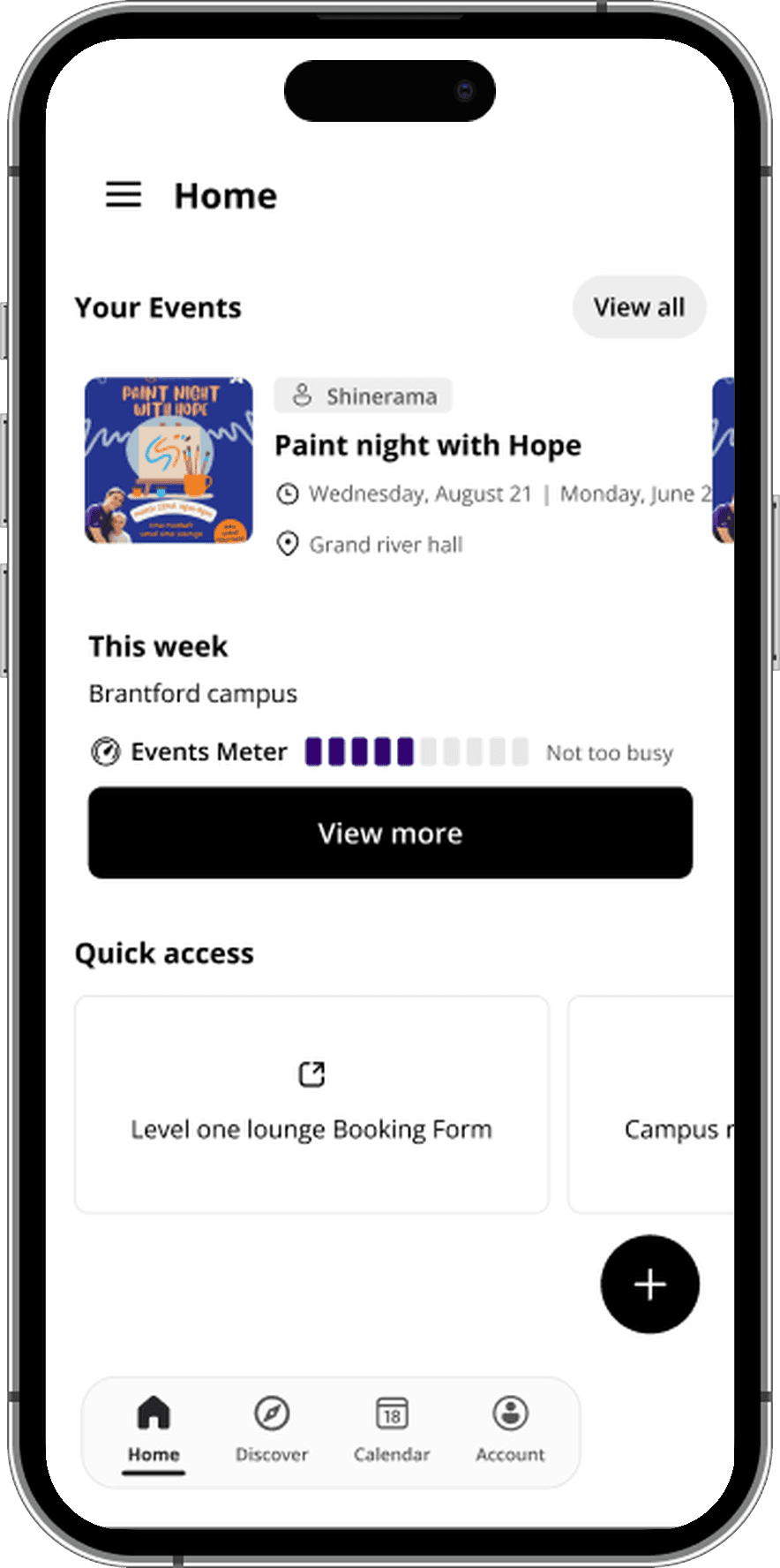 Organizer Home dashboard with Your Events, Events Meter, quick access booking links, and create button