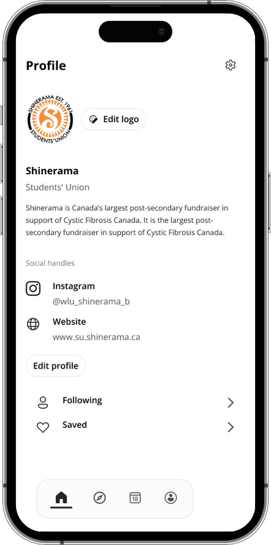 Verified organization profile with floating admin bottom navigation bar