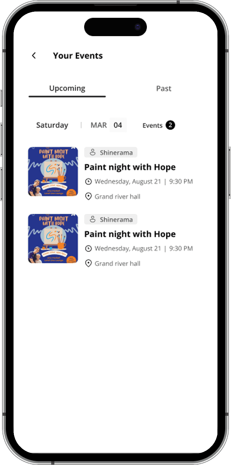 Your Events management tab with date filters and event status