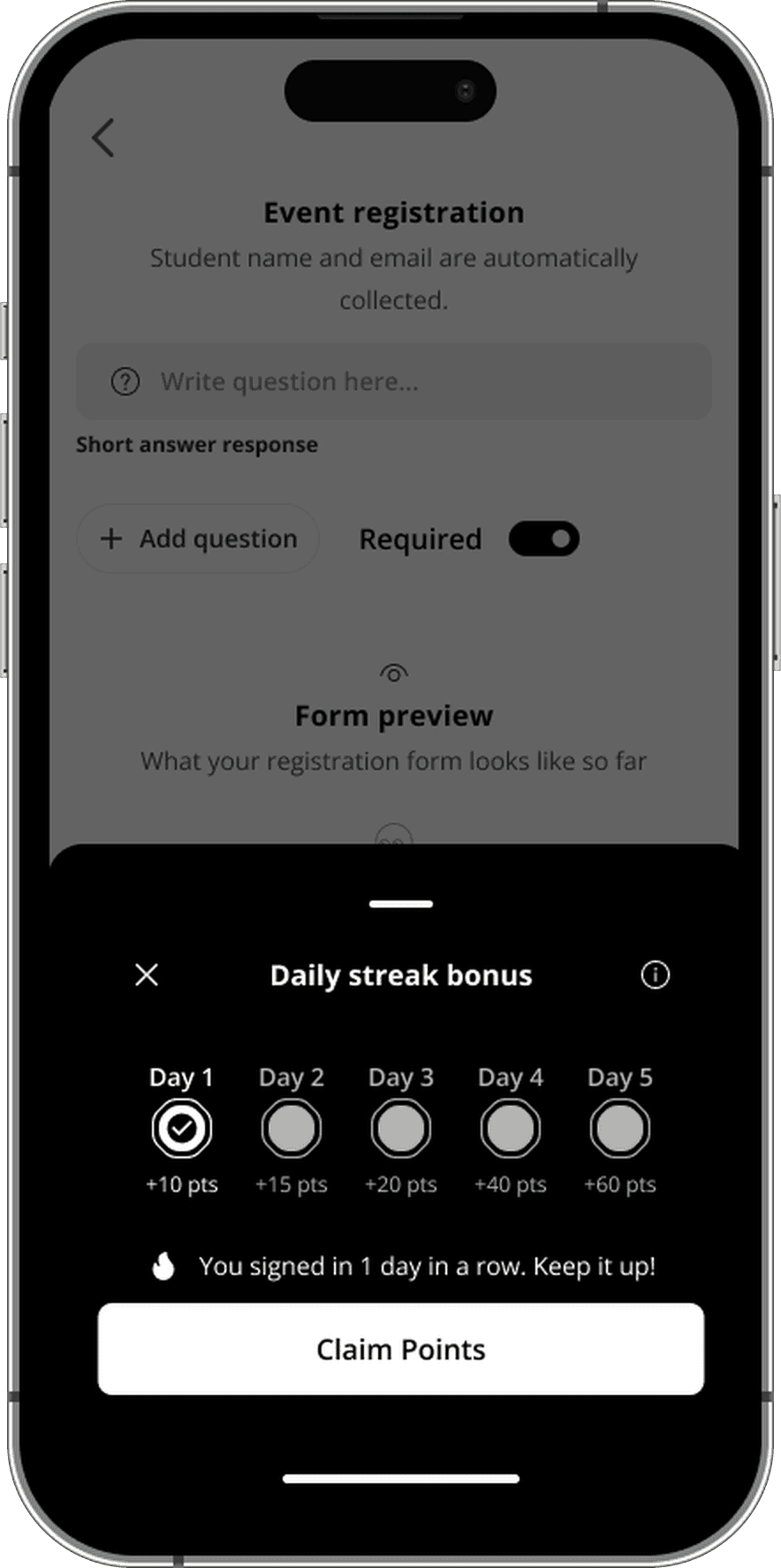 Daily streak bonus claim bottom sheet modal