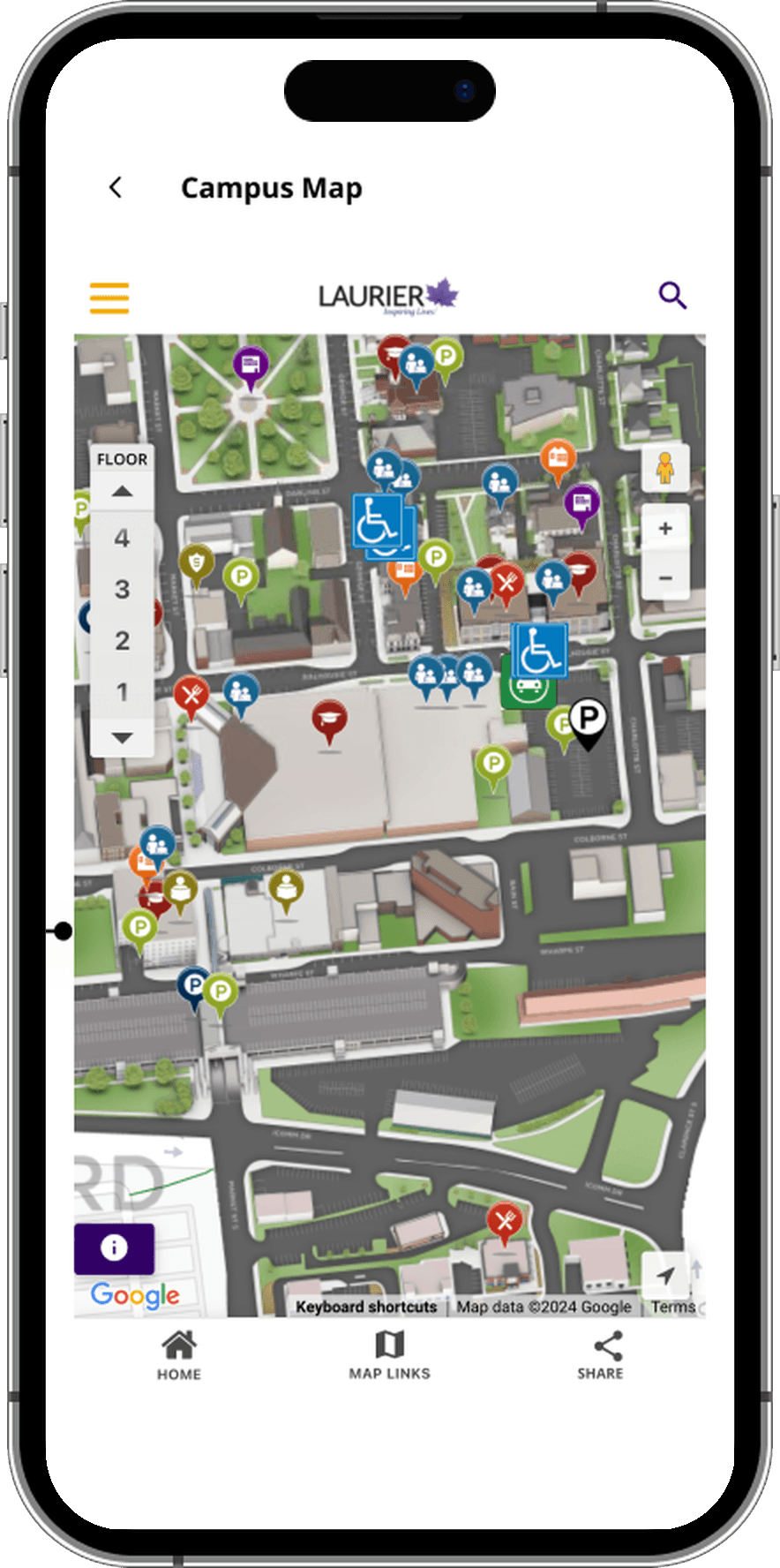 Interactive campus map with floor selector