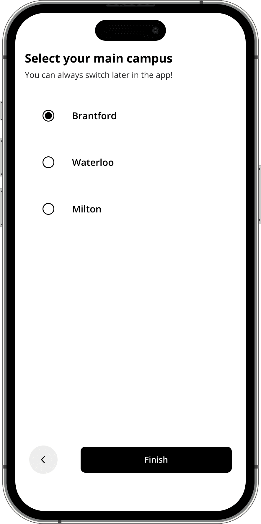 Student onboarding: select Brantford, Waterloo, or Milton campus