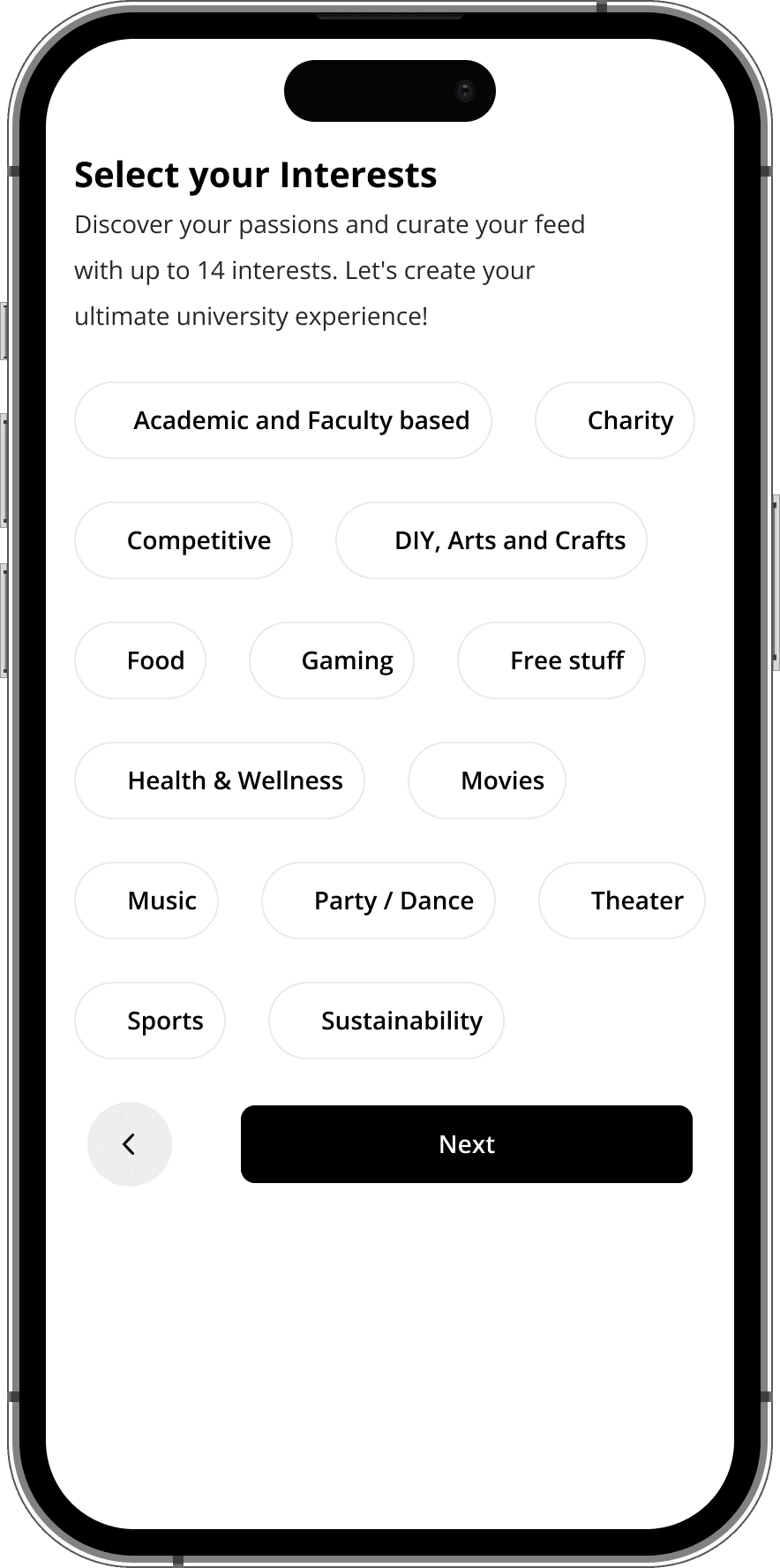 Student onboarding: choose interests to customize the feed