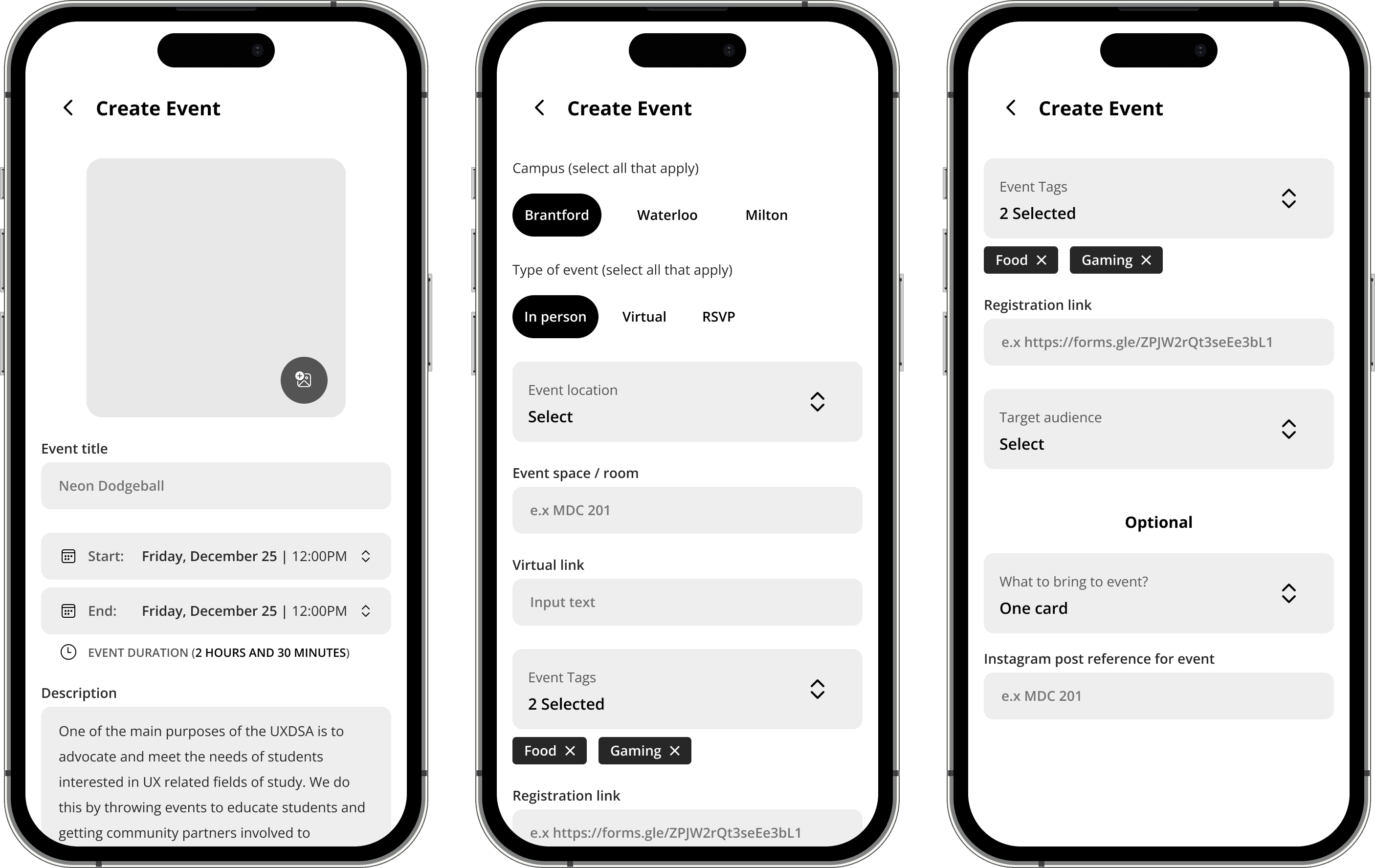 Three organizer Create Event screens: event details, campus and location, tags and attendee requirements