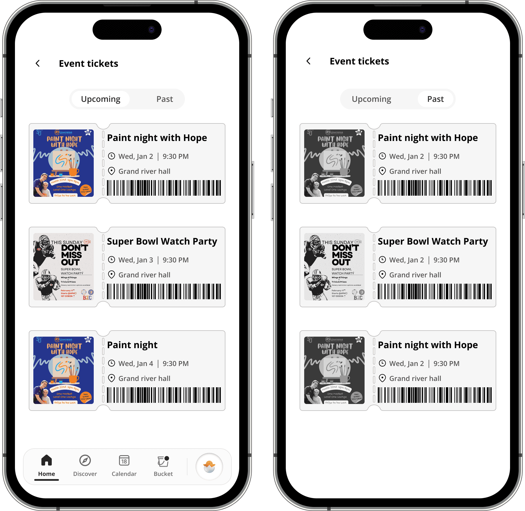 Student event tickets showing upcoming and past views