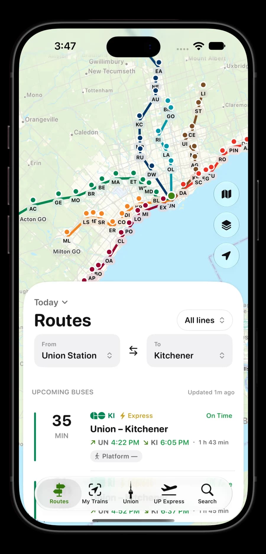 Routes map and Union to Kitchener departures
