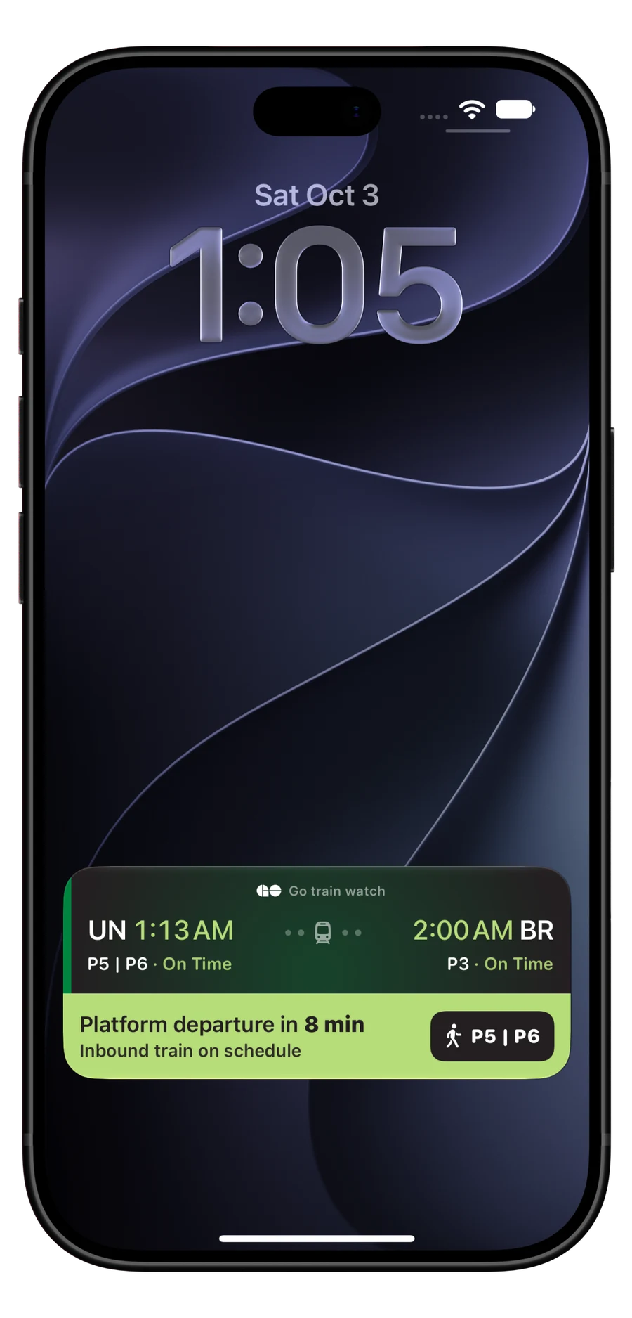 Lock-screen Live Activity with Union to Brampton platform departure countdown