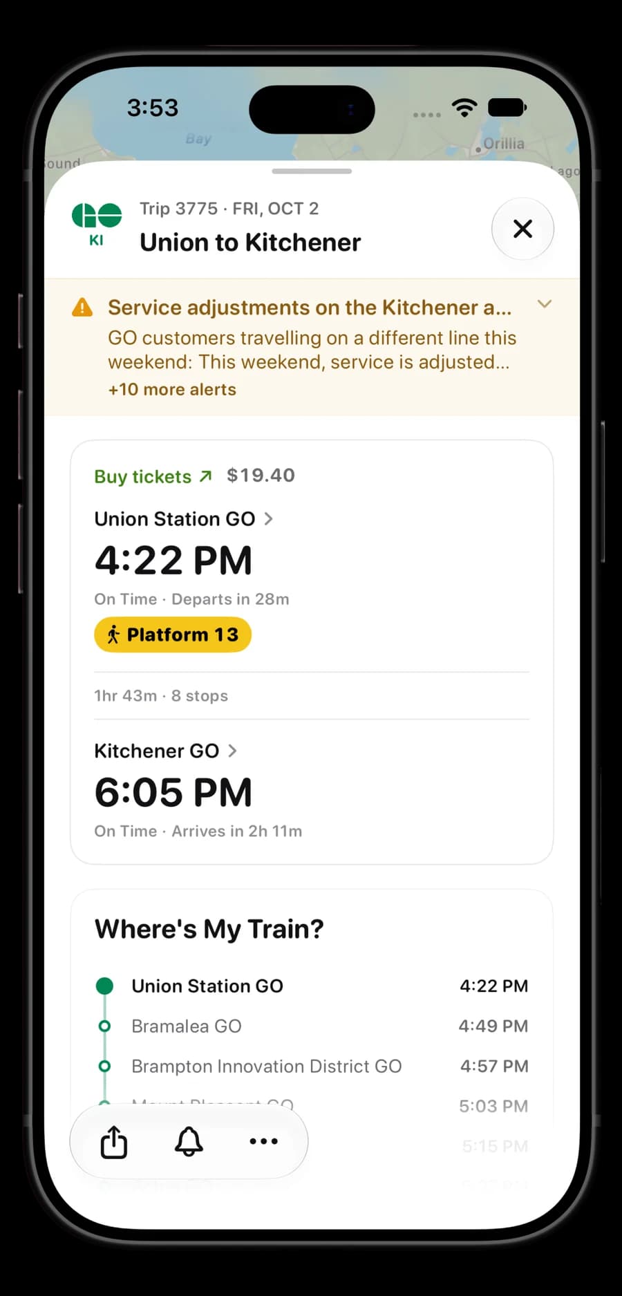 Union to Kitchener trip detail with tickets and alerts