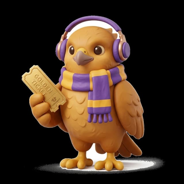 3D Golden Hawk mascot bird holding a golden ticket