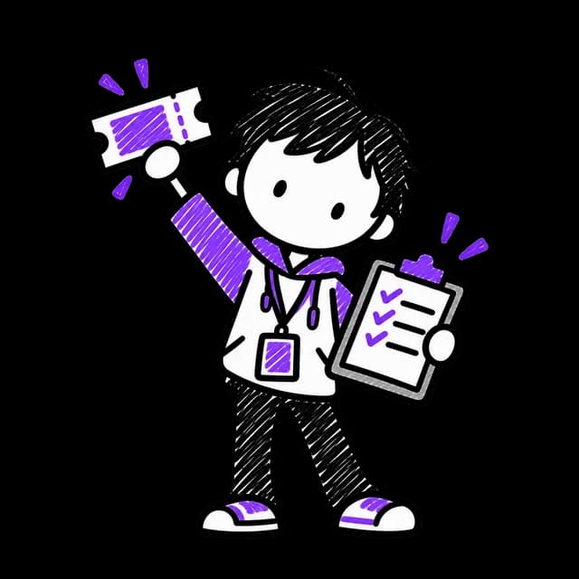 Hand-drawn event organizer with a clipboard and event ticket
