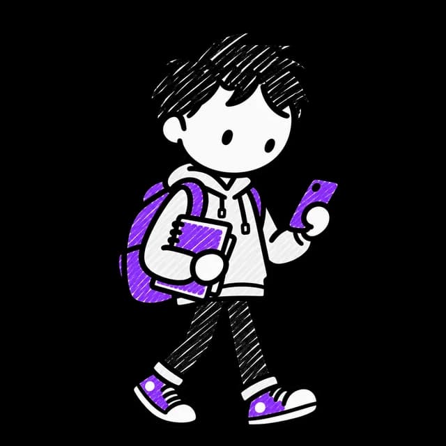 Hand-drawn student with a backpack, phone, and notebook