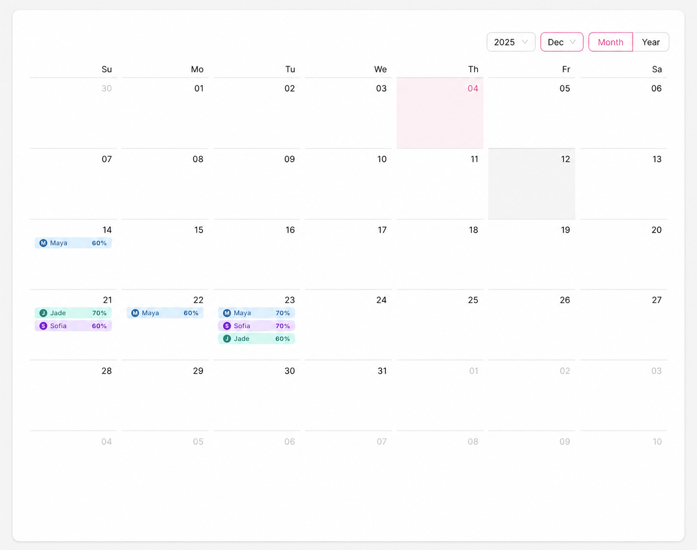 Monthly service calendar with fictional staff names attached to their service dates