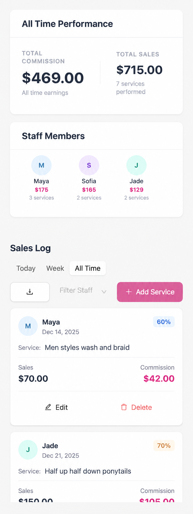 Mobile dashboard with stacked earnings summaries and readable service cards