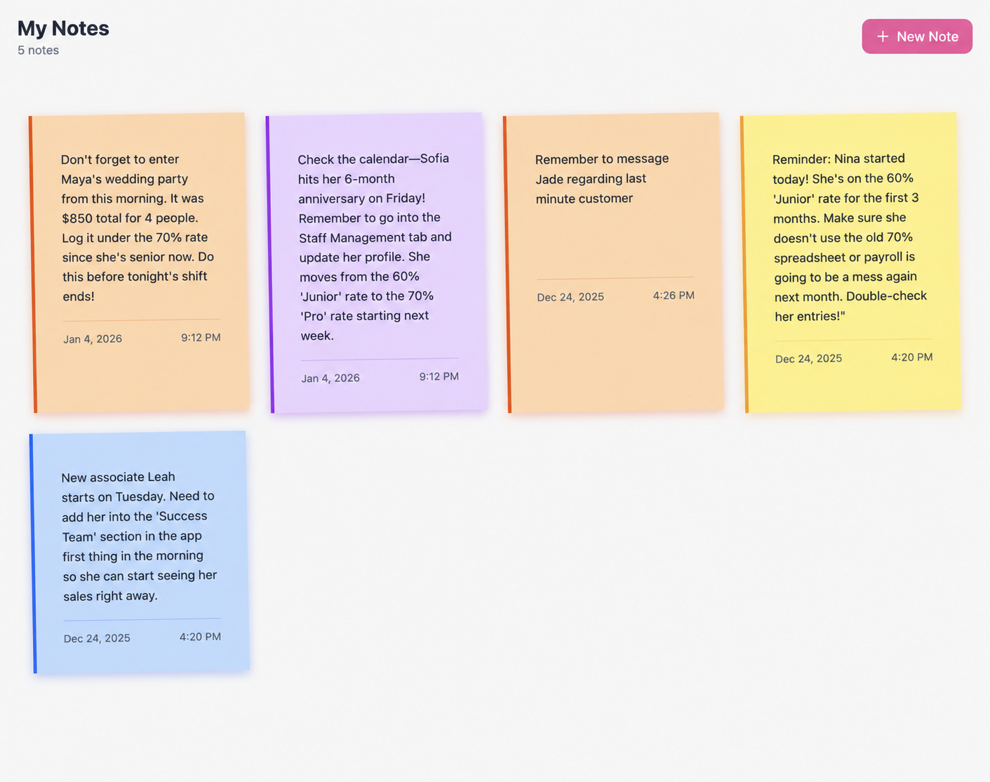 Notes screen with dated reminder cards using fictional names