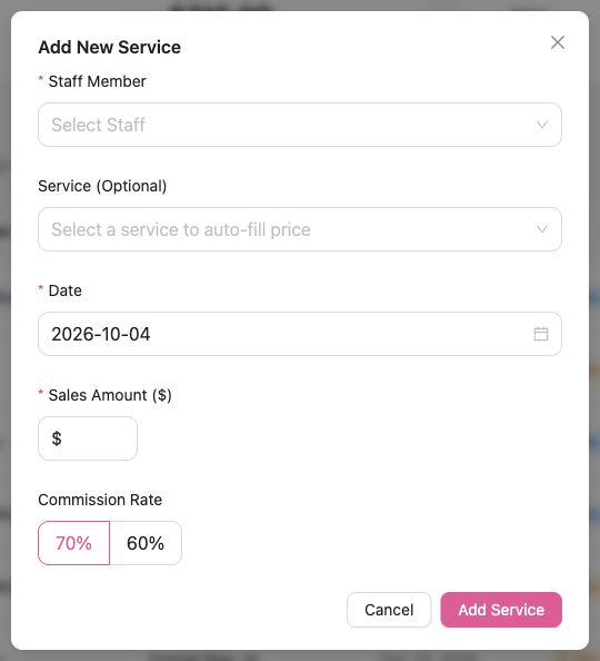 Add New Service form with staff, service, date, sales amount, and commission rate