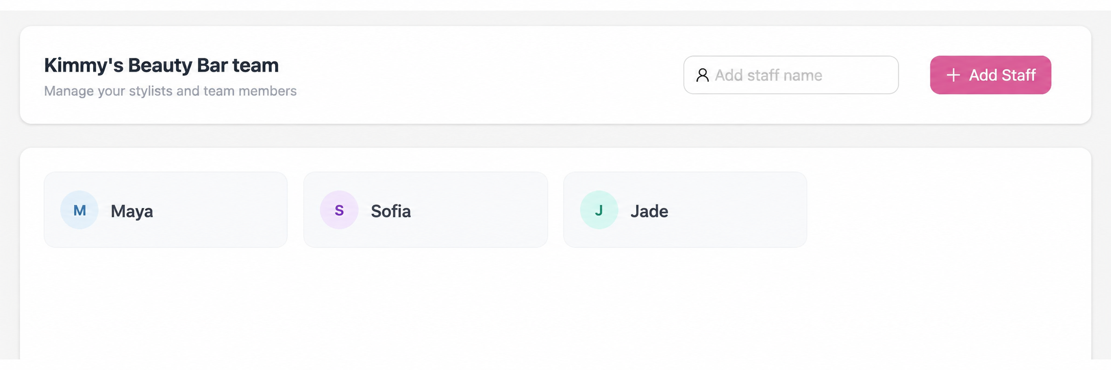 Staff management screen with three fictional team members and an Add Staff control
