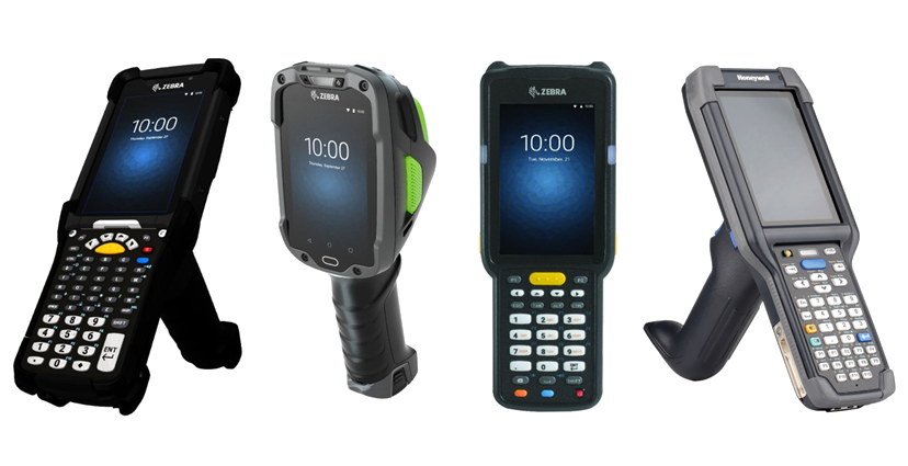 Four rugged handheld devices with physical controls and scan grips used as references for device-informed interaction design.