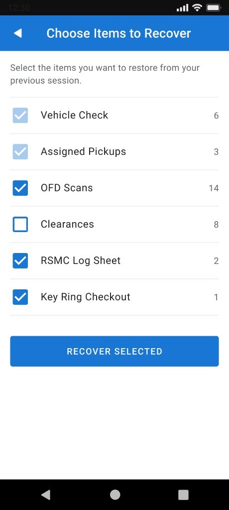 DIA Mobile: Select individual recovery categories