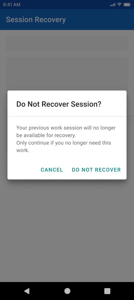 DIA Mobile: Skip confirmation explains that previous work will no longer be recoverable