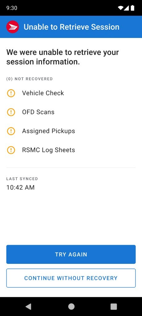 DIA Mobile: Failed recovery offers retry or continuation