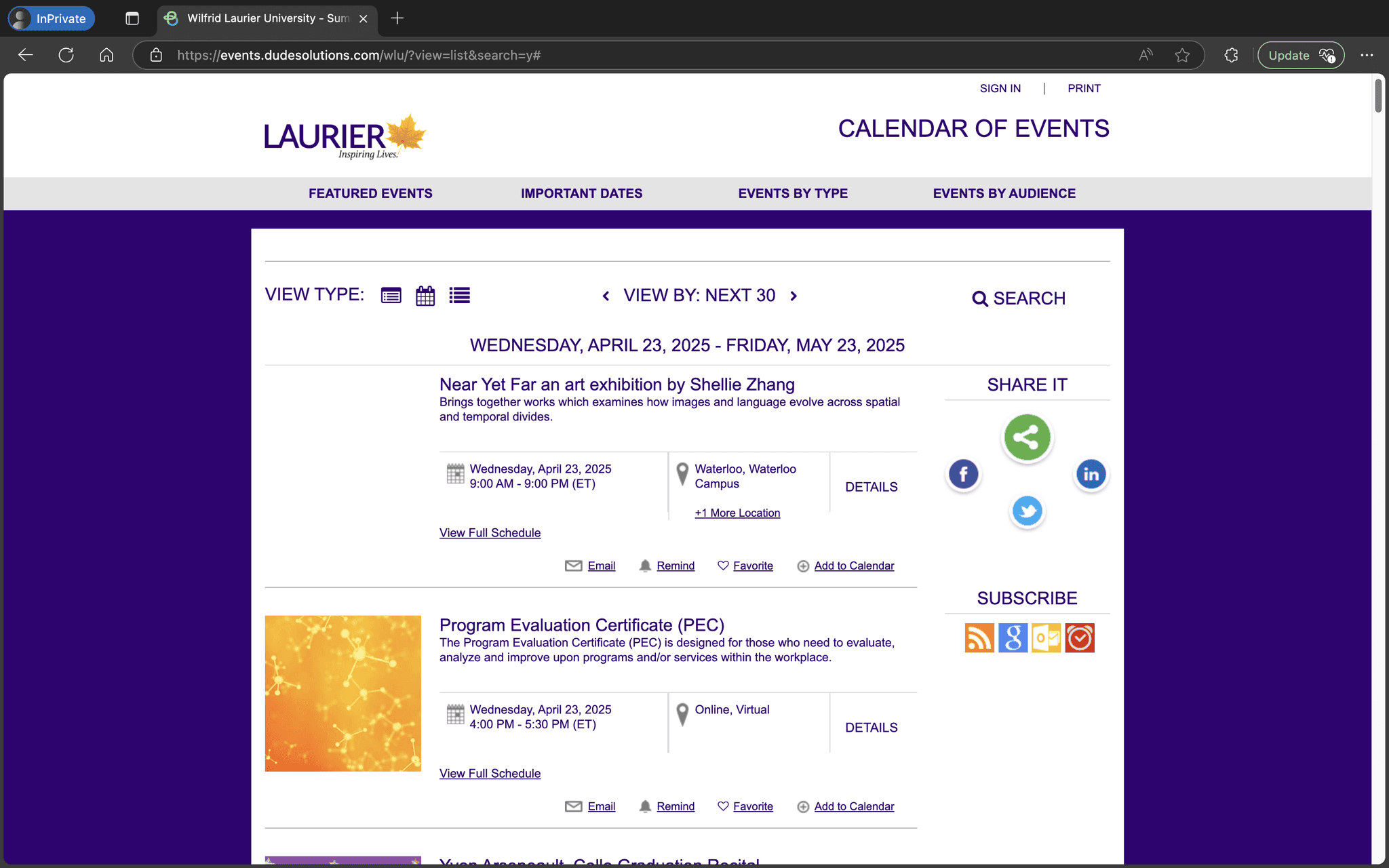 Laurier calendar of events interface reviewed during competitive research