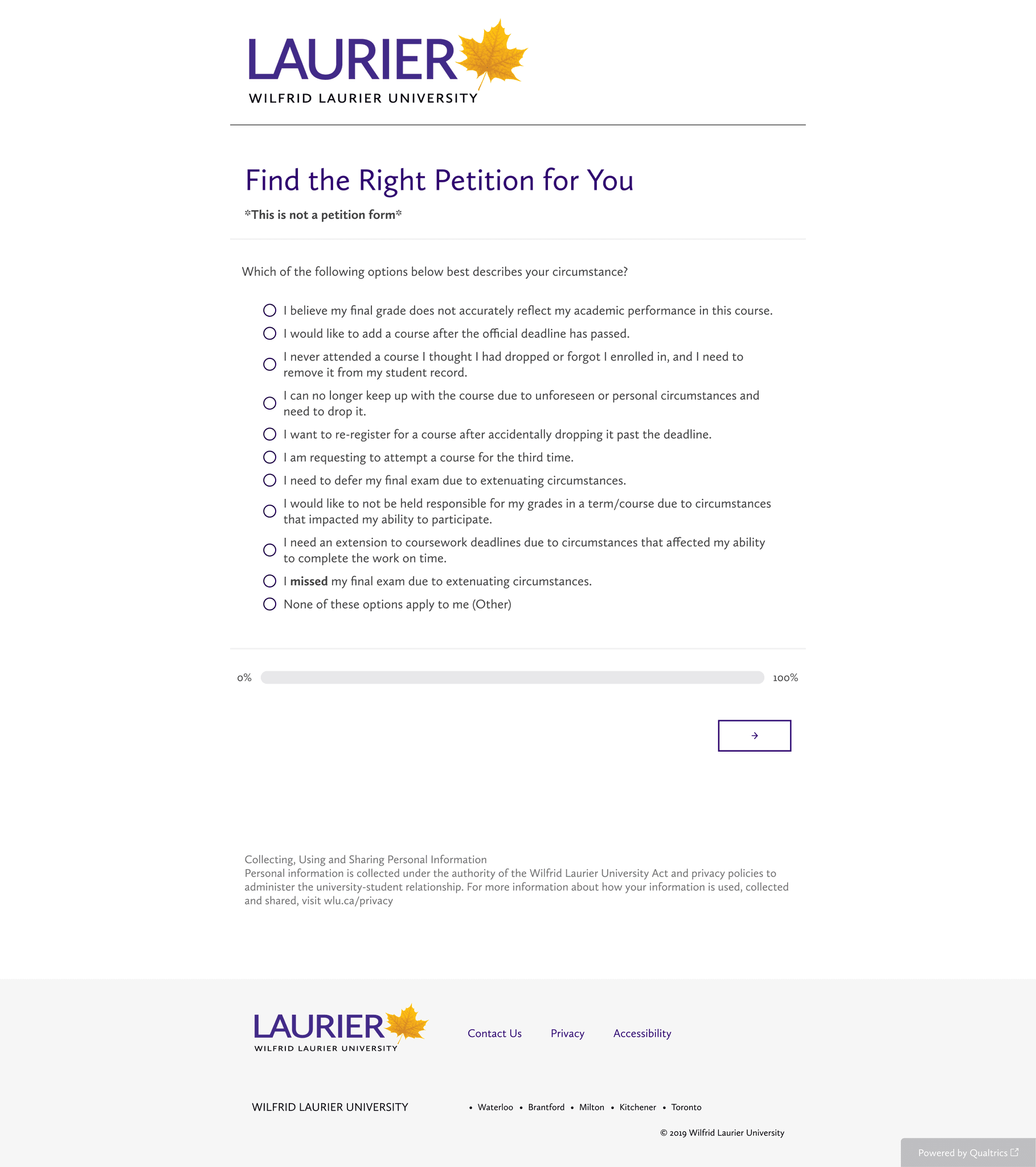 Smart form selection questionnaire for academic petitions