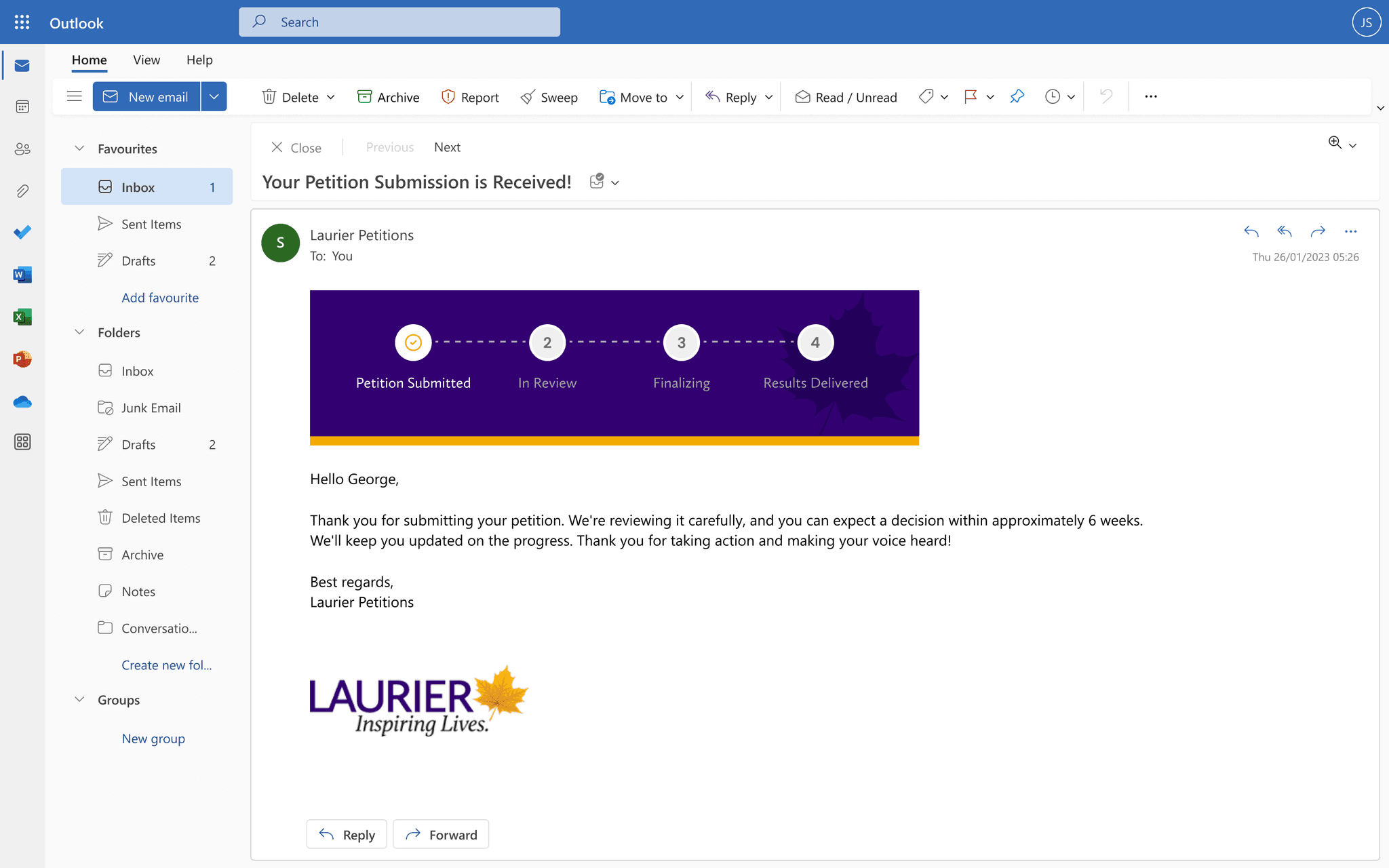 Proposed petition confirmation email and automated status updates