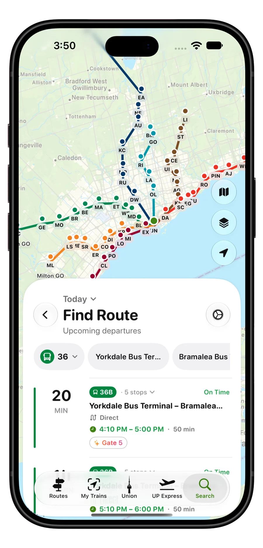 Find Route showing Bus 36B departures over the network map