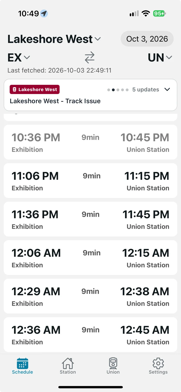GO Train Track competitor schedule screenshot