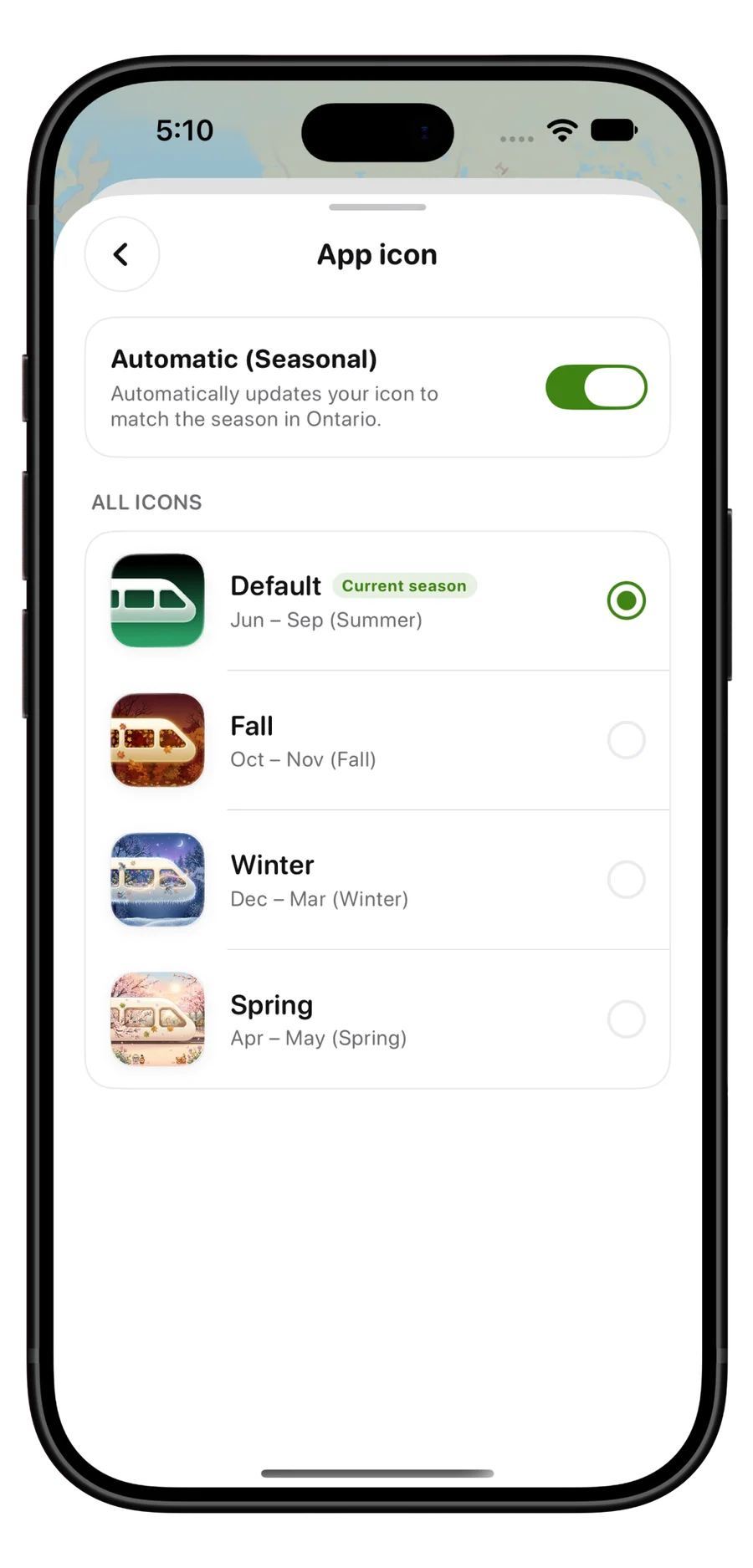 Go Train Watch Settings seasonal app icon picker