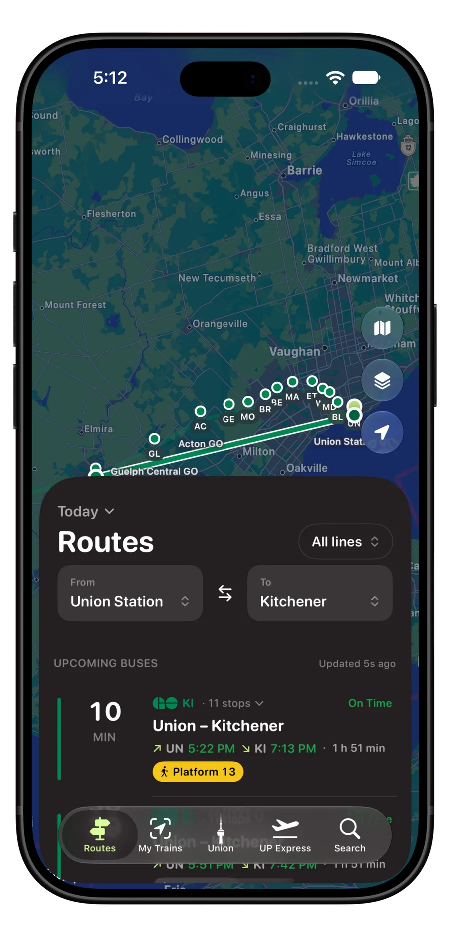 Dark-mode Routes map with Union to Kitchener departures