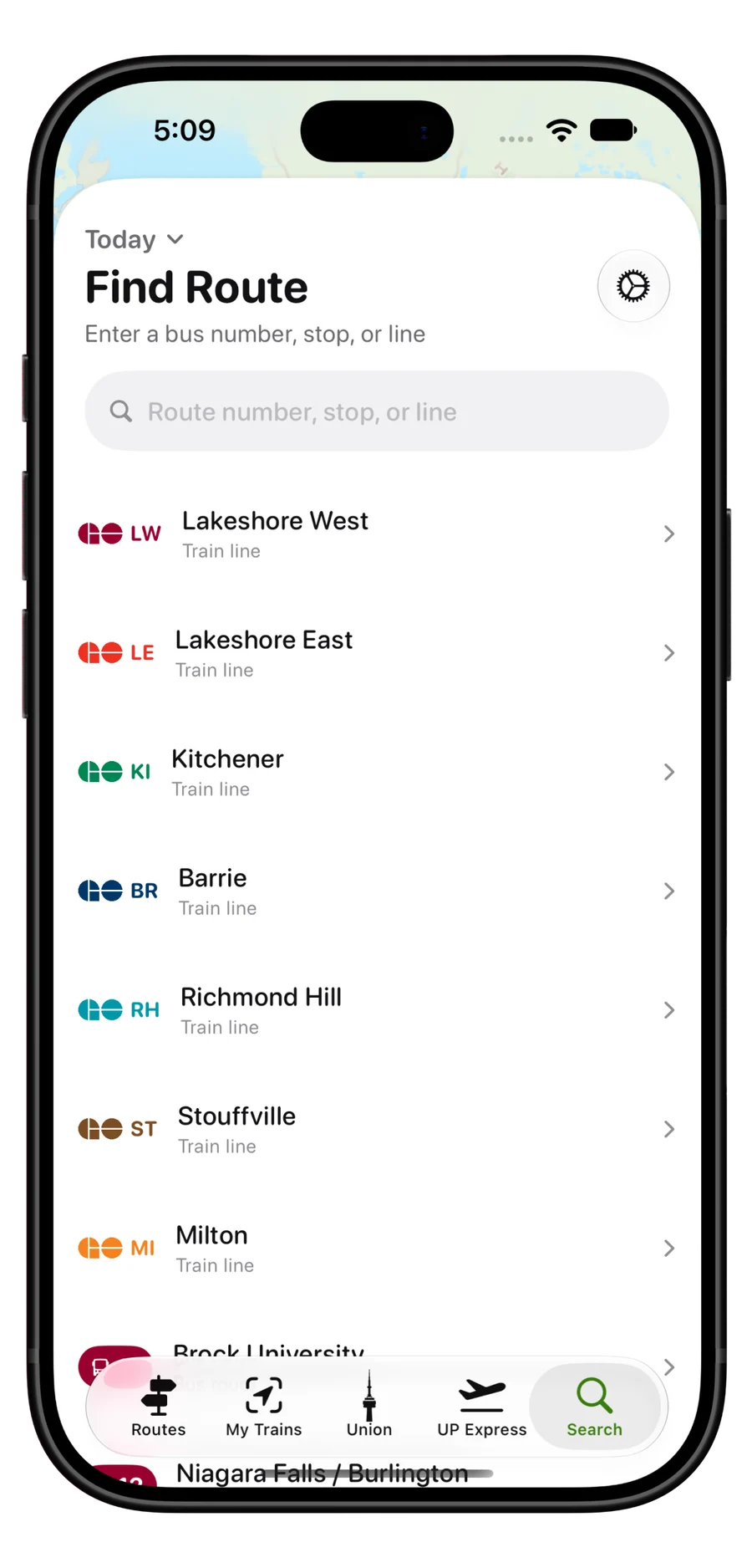 Find Route listing GO train lines and bus routes