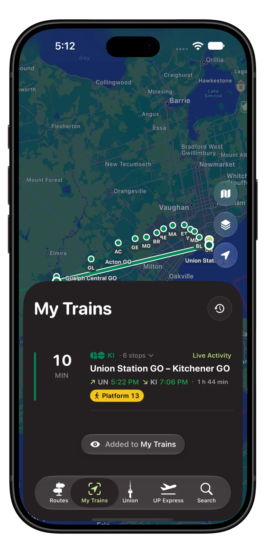 Tracked Kitchener train in My Trains with a Live Activity badge