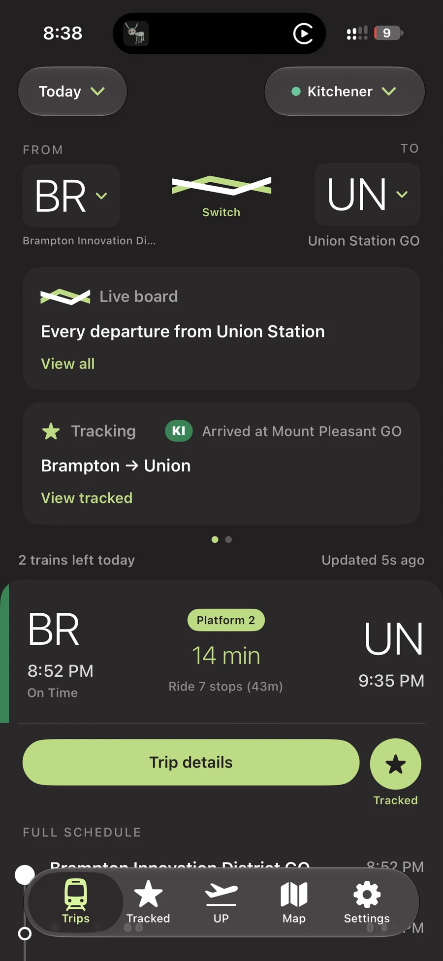 First iteration: dark Trips screen with Brampton to Union departures, tracking cards, and a floating tab bar