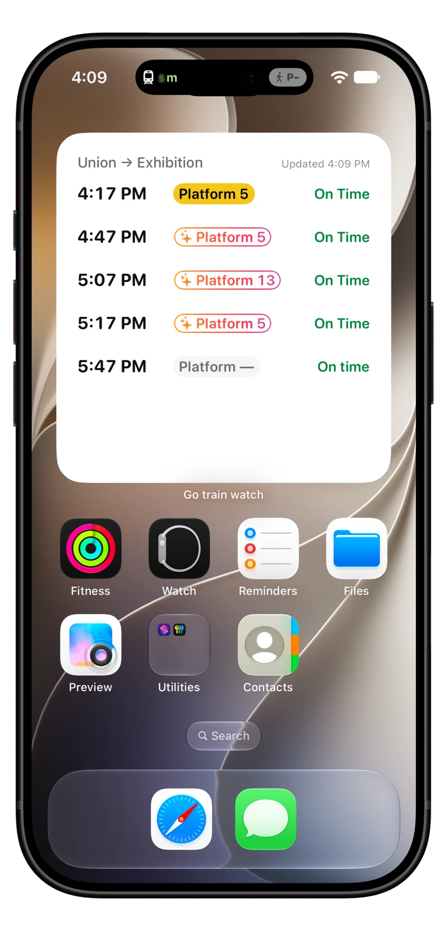 Large home-screen widget listing Union to Exhibition departures