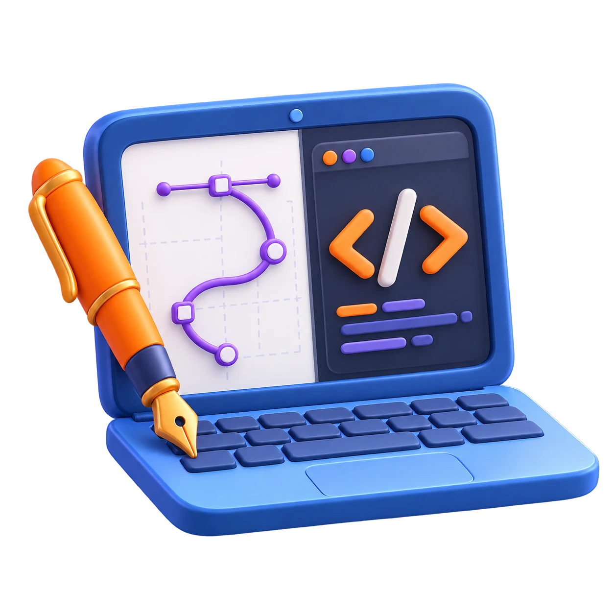 3D laptop combining a design curve, code brackets, and a fountain pen