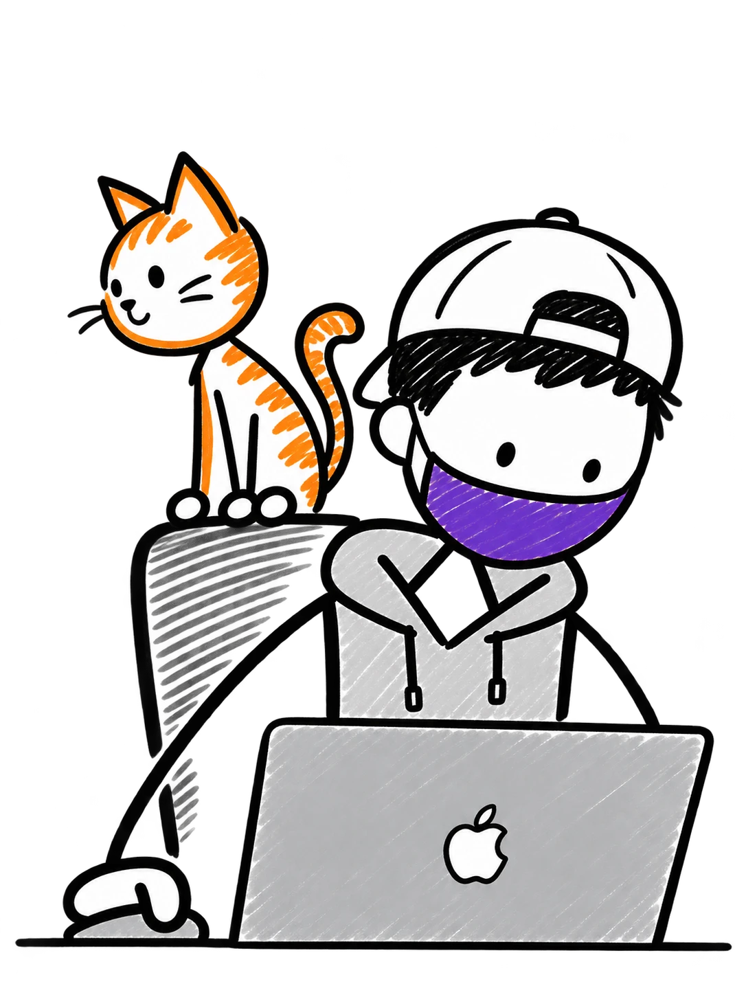 Hand-drawn stick-figure portrait of Harry with a ginger cat, white cap, purple mask, and Apple laptop
