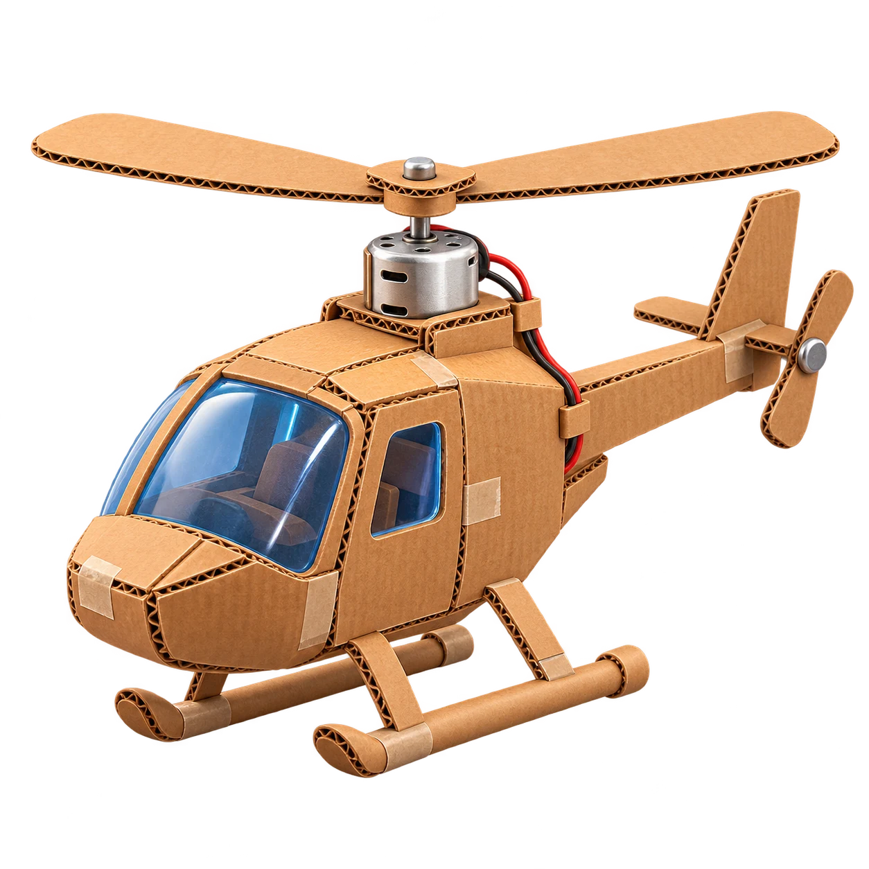 Cardboard toy helicopter with a salvaged electric fan motor