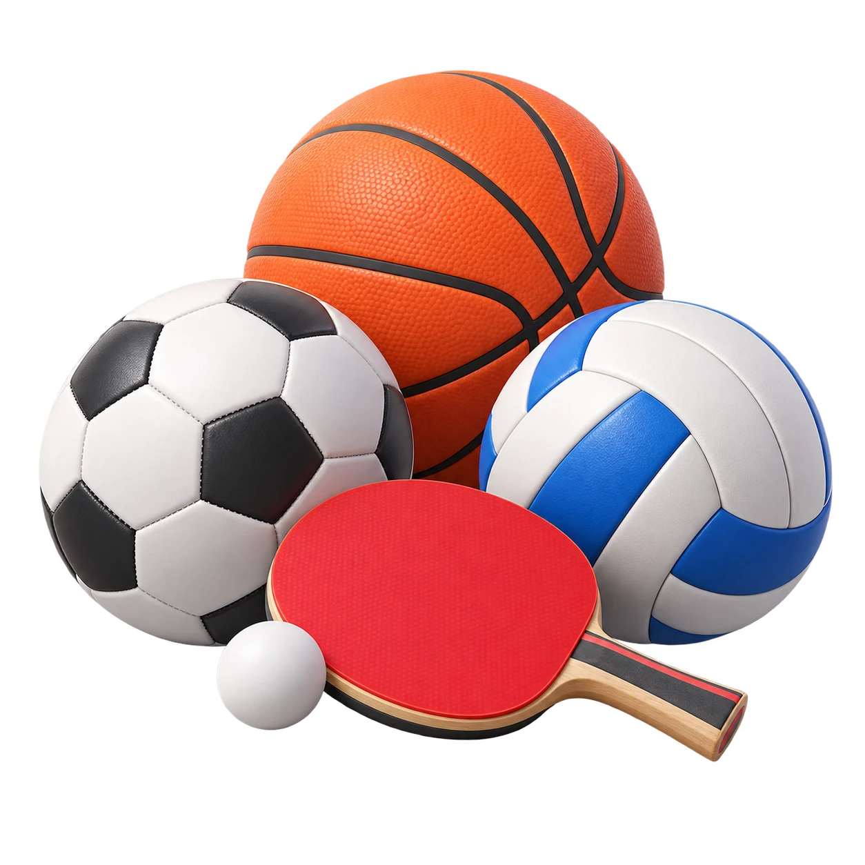 Soccer, volleyball, basketball, and table tennis equipment